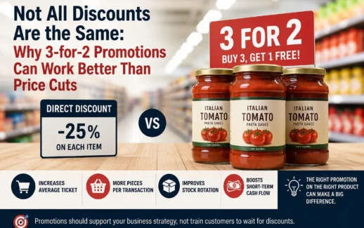 Comparison between 3-for-2 promotions and direct discounts in retail strategy